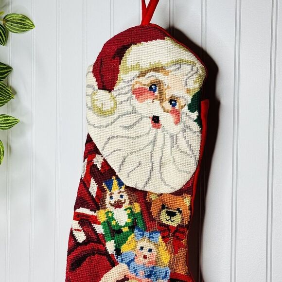Vintage Santa Face Finished Needlepoint Christmas Stocking Toy Bag Teddy Bear - Picture 3 of 9